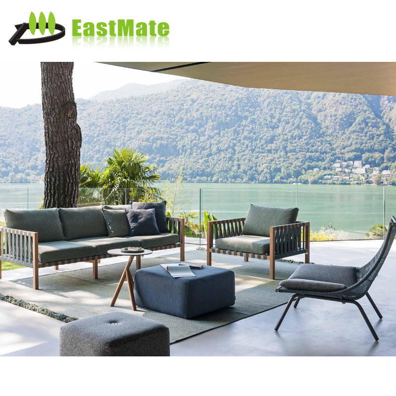 Hotel Outdoor Teak Wood Multi-Person Sofa Set, Solid Wood Frame with Waterproof Cushion, Resort Hotel Poolside Leisure Furniture