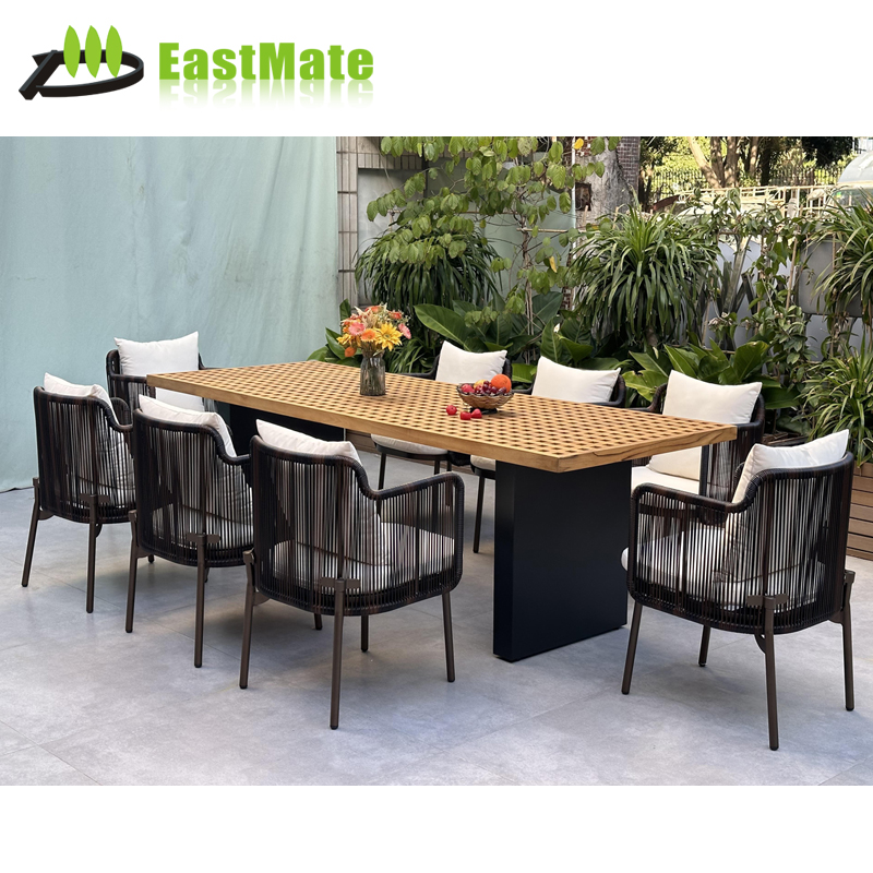 Hotel Outdoor Teak Aluminum Rattan Dining Set, Teak Top Aluminum Frame, with Rattan Dining Chairs, Resort Hotel Open Air Restaurant