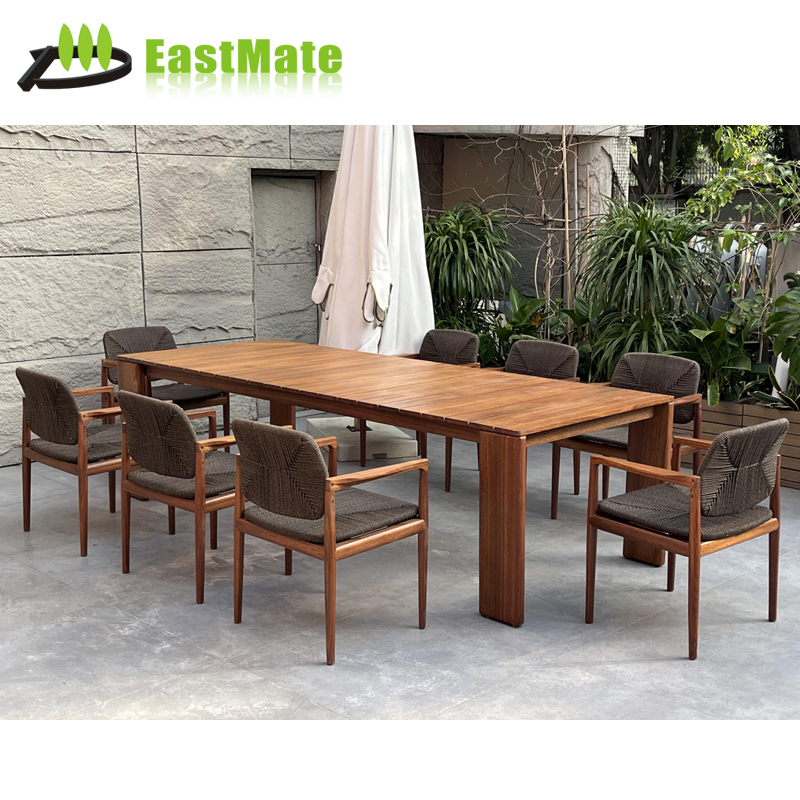 Teak Aluminum Rattan Outdoor 1 Table 8 Chairs, Imported Teak Top, Aluminum Base, Stackable Rattan Dining Chairs, Hotel Poolside