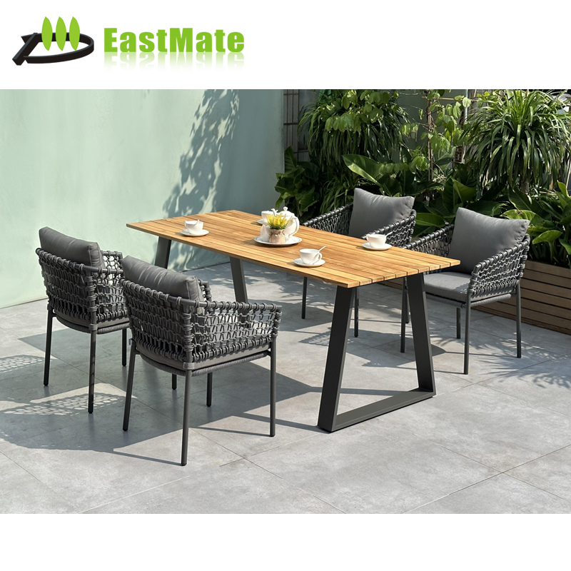 Five-Star Hotel Outdoor Teak Aluminum Rattan Dining Set, Aluminum Wood Top, Anti-Rust Aluminum Frame, PE Rattan Chairs, Waterproof Sunproof