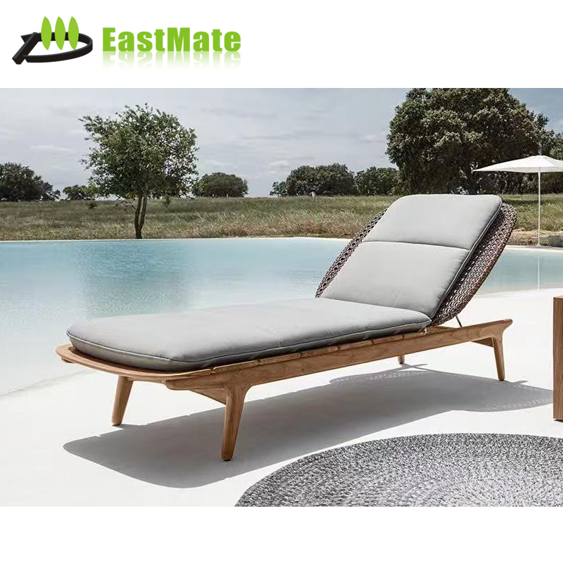 Hotel Outdoor Teak  Rattan Lounge Chair, Solid Teak Frame with Teak Base, Rattan Seat, Poolside Sunbathing Chair