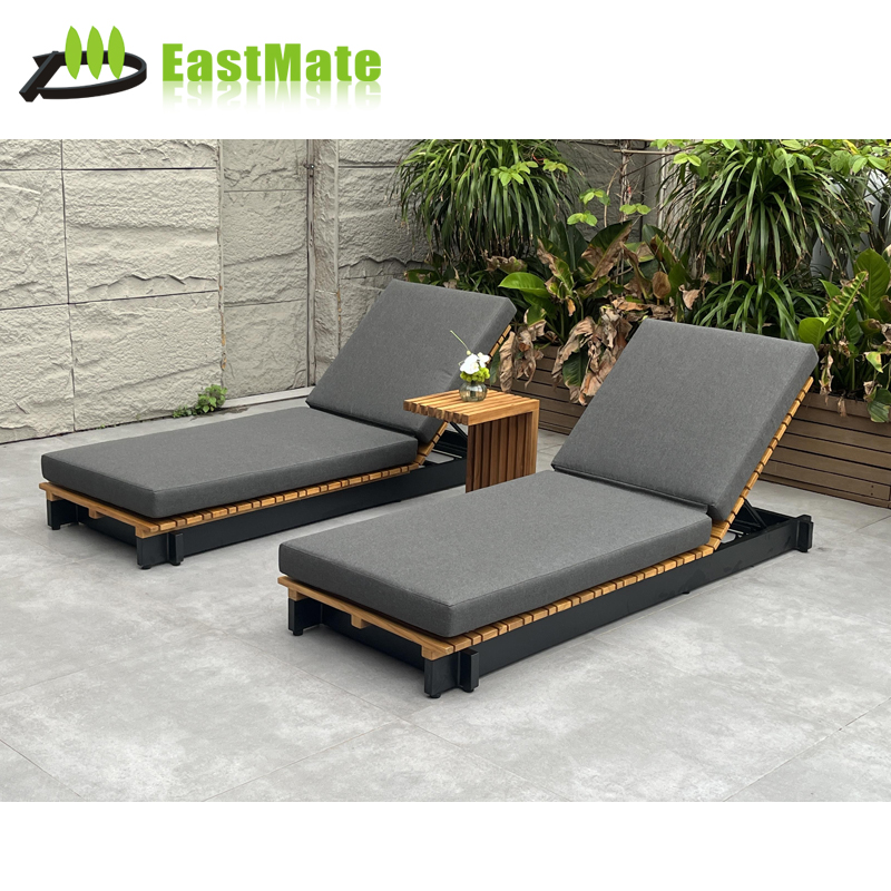 Teak Aluminum Rattan Outdoor Double Lounge Chair, Side by Side Design, Teak Frame Aluminum Base, Rattan Seat, Couple Resort Hotel