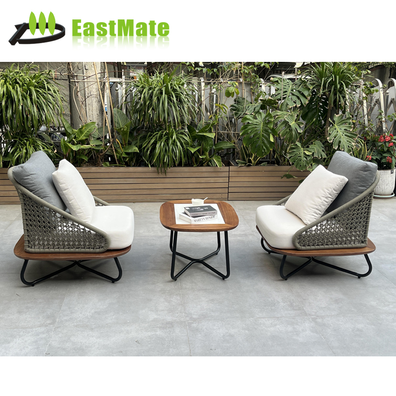 Outdoor Teak Rattan Leisure Chair Set, 1 Table 2 Chairs Set, Solid Teak Frame Rattan Seats with Matching Coffee Table, Hotel Balcony Leisure Furniture