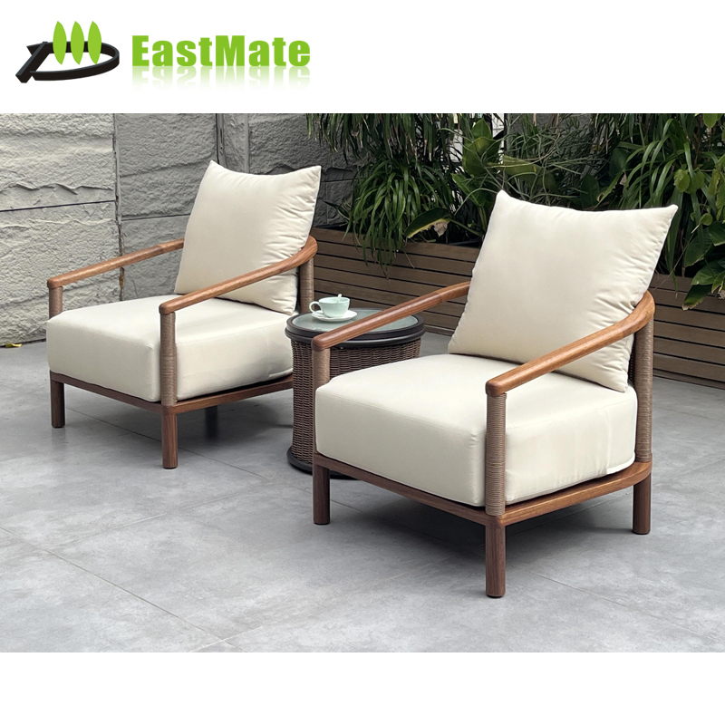 Resort Hotel Outdoor Teak Rattan 1 Table 2 Chairs, Imported Solid Teak Frame, Handwoven Rattan Seat, with Teak Coffee Table, Garden Terrace Lounge Area