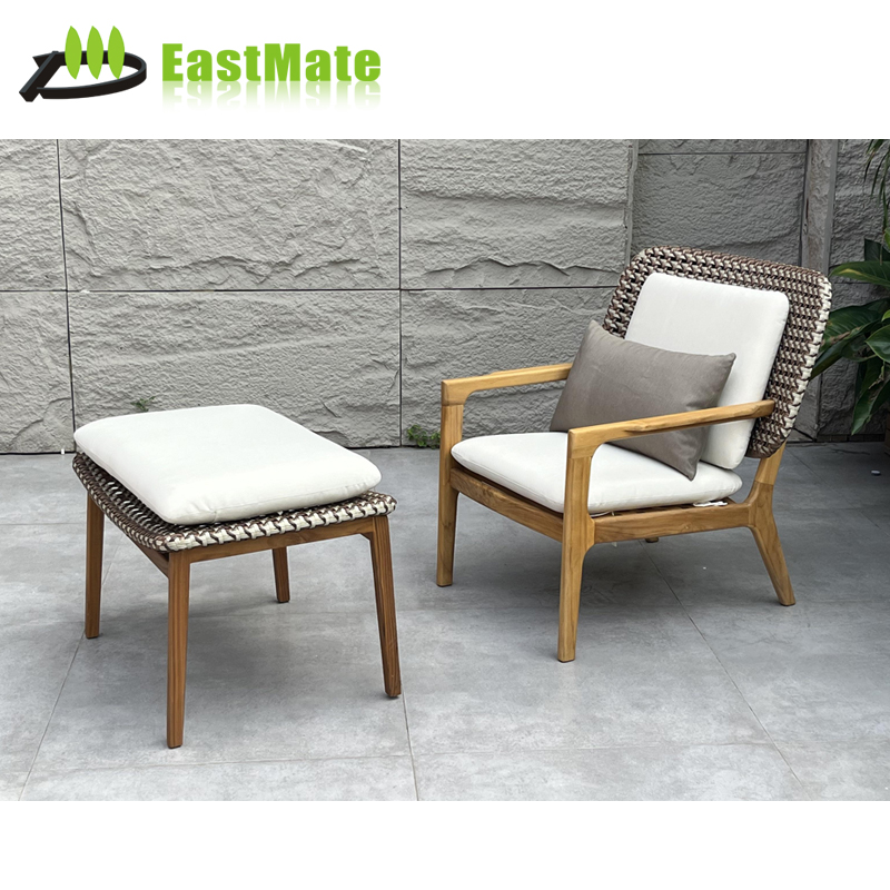 Outdoor Teak Leisure Chair with Ottoman, Solid Teak Frame, Ergonomic Curved Backrest, with Matching Teak Ottoman, Hotel Poolside Resort Furniture