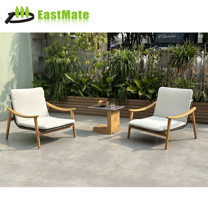 Light Luxury Outdoor Teak Rattan Leisure Chair Set, Italian Design Rattan Chairs, with Slate Top Coffee Table, Five-Star Hotel Garden