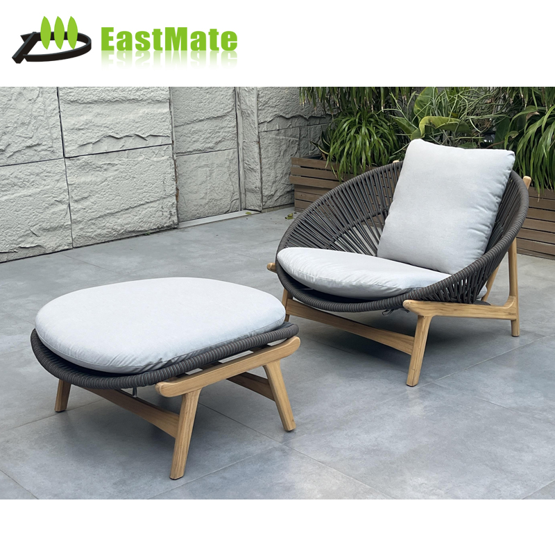 Luxury Teak Outdoor Leisure Chair with Ottoman, Thickened Teak Frame, Wide Seating Surface, with Removable Washable Cushion, Five-Star Hotel Beach Club