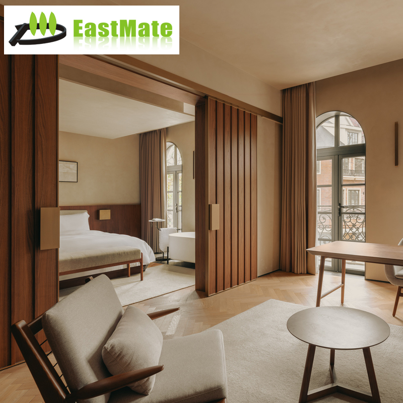 Hotel Suite Whole Guest Room Solid Wood Furniture Set, Solid Wood Frame Bed Solid Wood Wardrobe Solid Wood Desk, Hotel Project Bulk Custom
