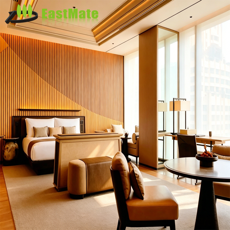 Mid-century modern Bedroom furniture from hotel furniture factory, hospitality FF&E furnishing, commercial grade fire-resistant OEM ODM for Hotel, Aparthotel, Resort and Guesthouse queen bed hotel room new build